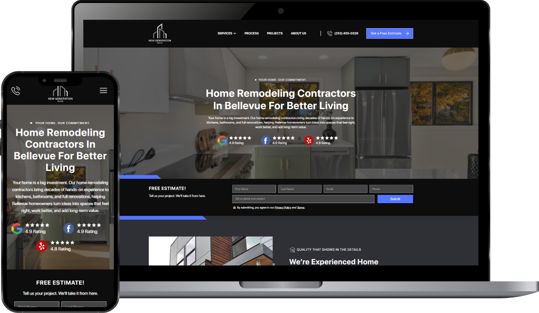 Website homepage for New Generation Builds showing home remodeling services with ratings and a contact form on laptop and mobile screens.