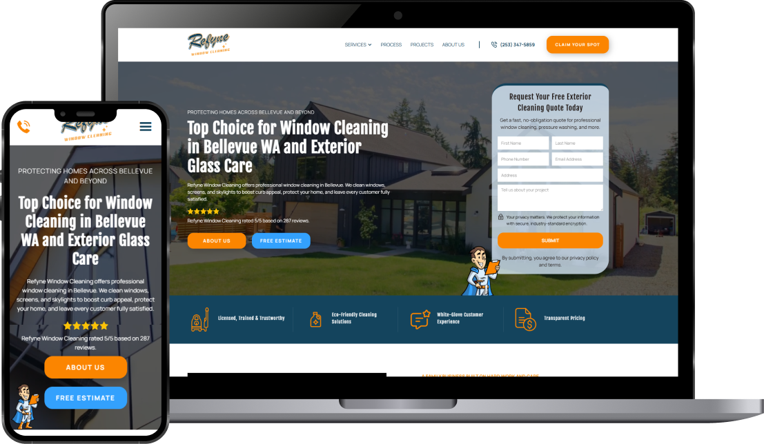 Responsive webpage for Refyne Window Cleaning showing window cleaning services with contact form and call-to-action buttons on laptop and mobile screens.
