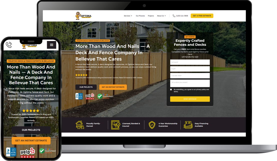 Website homepage of Optima Fence and Deck showing a wooden fence along a street with sections for projects, instant estimates, and a form to request a free quote, displayed on a laptop and smartphone.