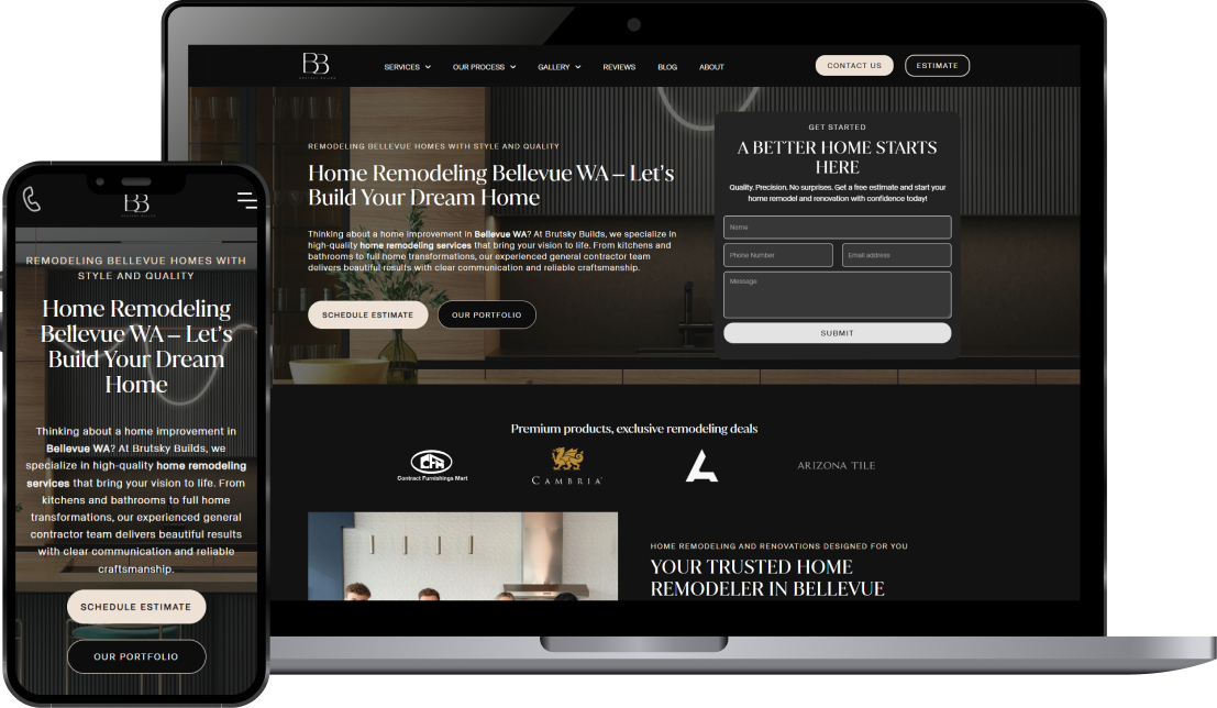 Brutsky Builds home remodeling website homepage displayed on a smartphone and laptop, featuring services in Bellevue WA with contact form and portfolio links.