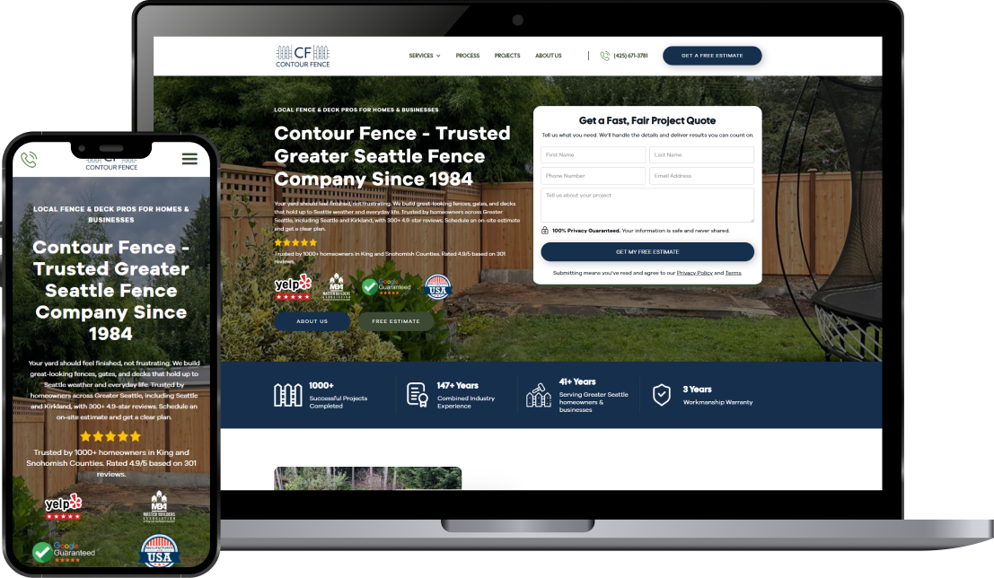Responsive website for Contour Fence displayed on a smartphone and laptop, showing home screen with company info, fence background, and contact form for free estimate.