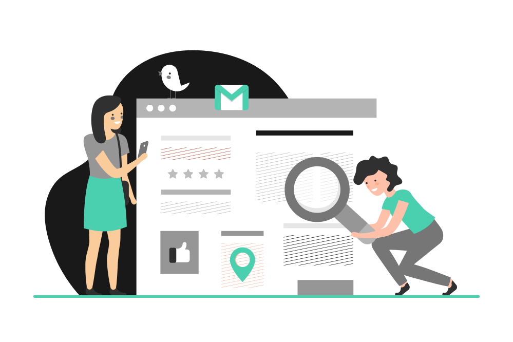 Browser window with a user icon, five green stars, and review text with a forward arrow button; two speech bubbles and a smaller user review card with four stars are beside it.