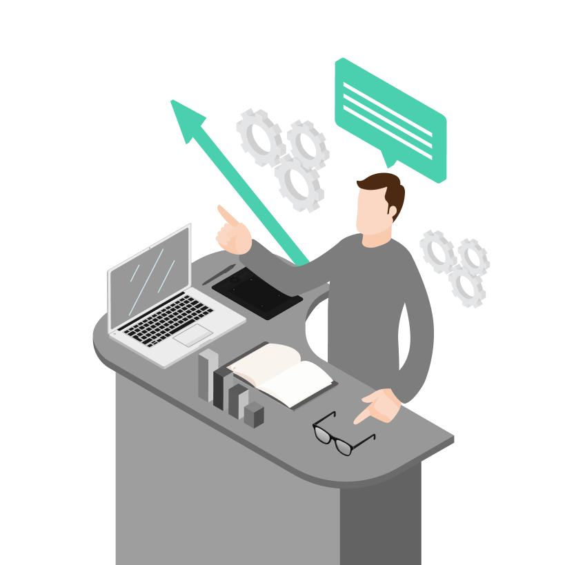 Browser window with a user icon, five green stars, and review text with a forward arrow button; two speech bubbles and a smaller user review card with four stars are beside it.
