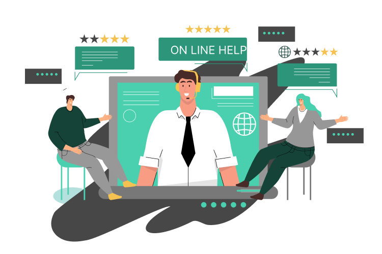 Illustration of a web page displaying a five-star user review with a user icon, speech bubbles, and a smaller review card with a four-star rating.