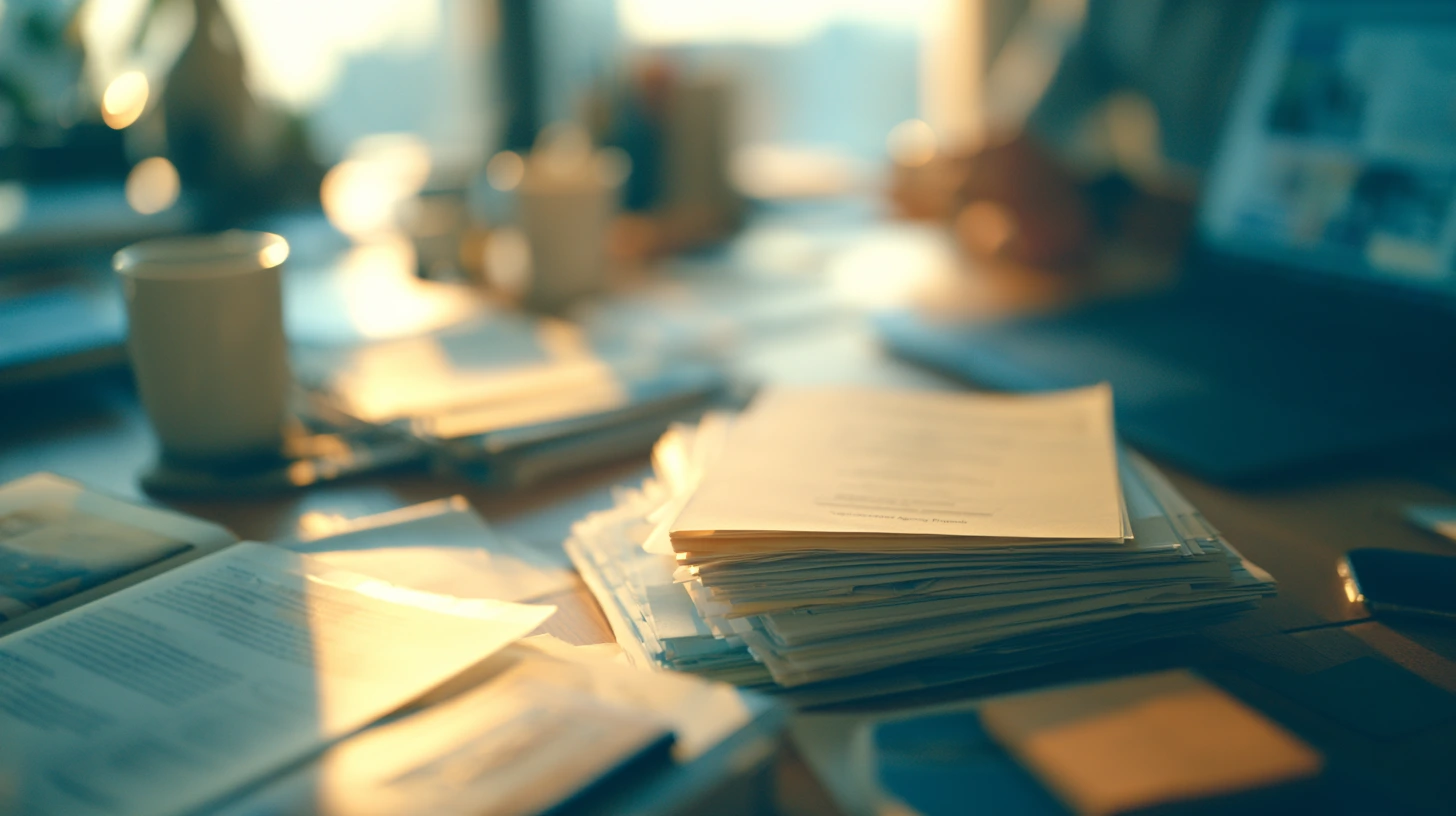 Overhead desk, fanned stack of agency proposals in a urban modern office setting.