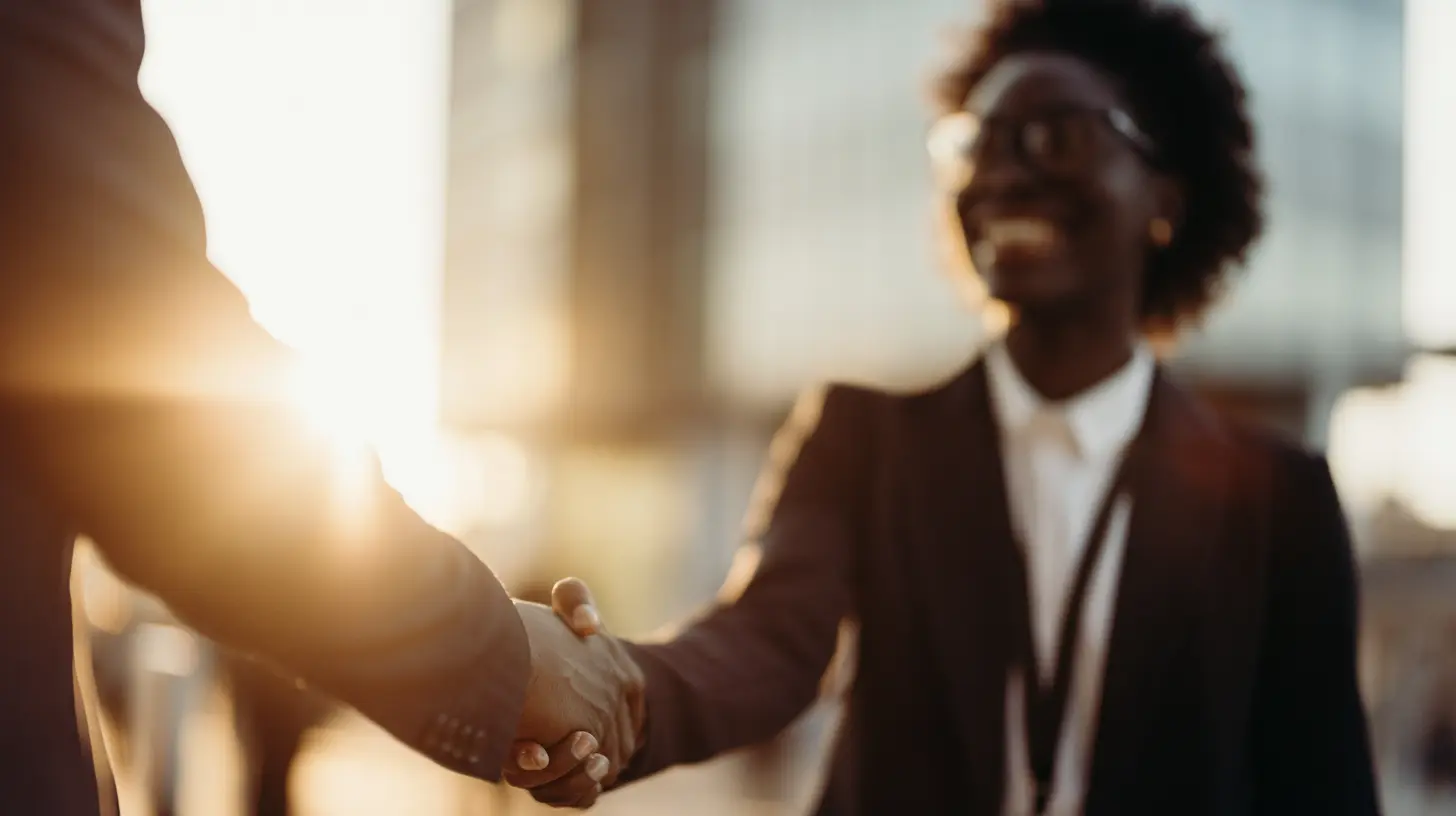 two people shaking hands outside of an office building