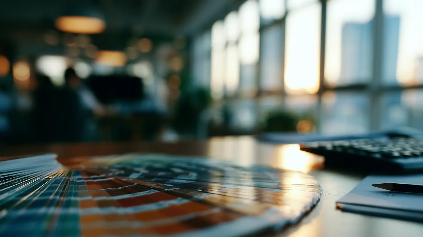 color pallets fanned out on a desk.