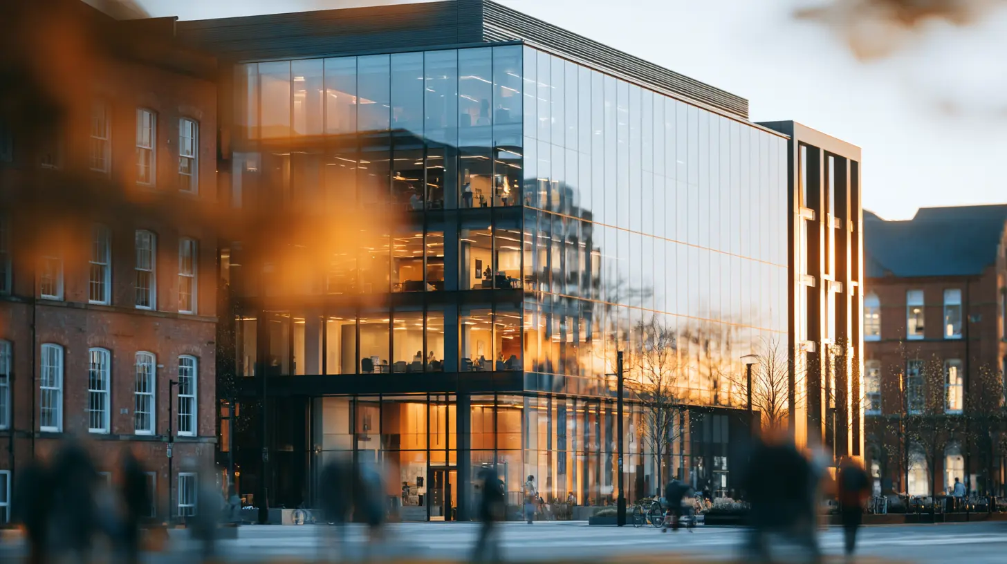 A new urban modern office building next to older brick buildings.