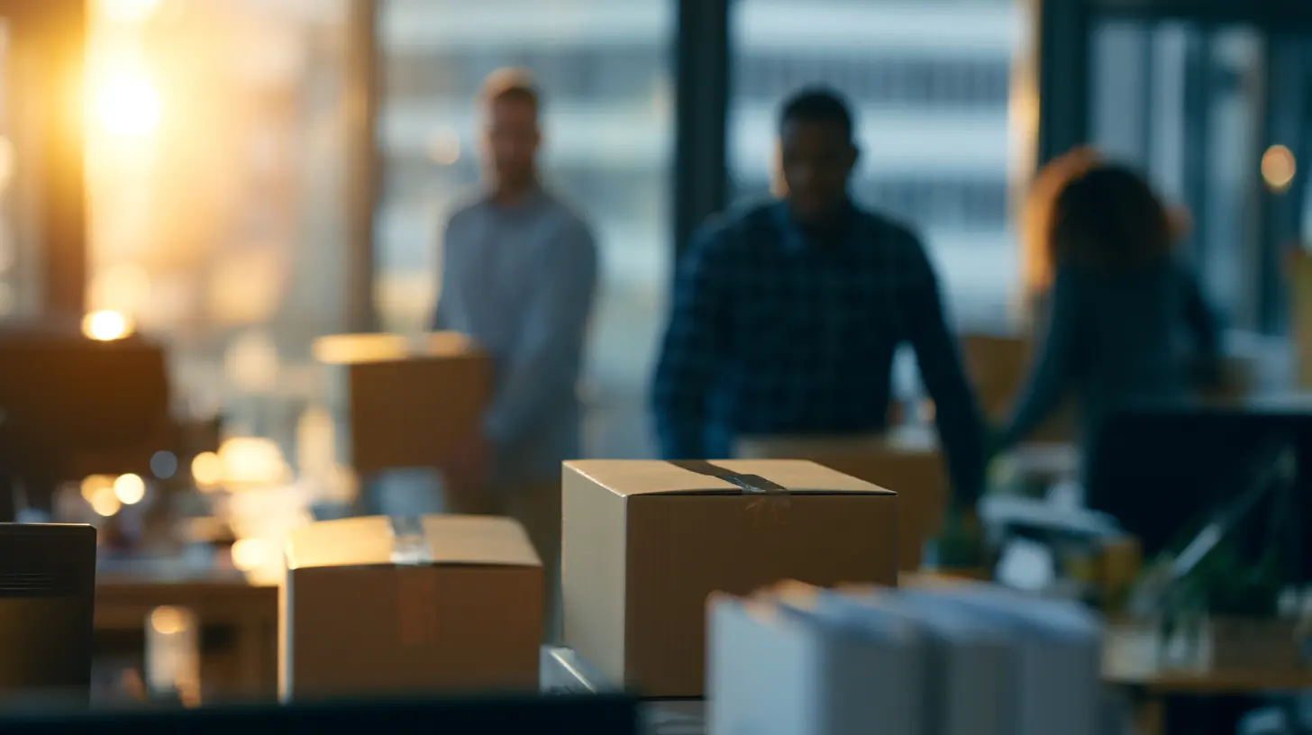 Employees unpacking boxes in their new office building.
