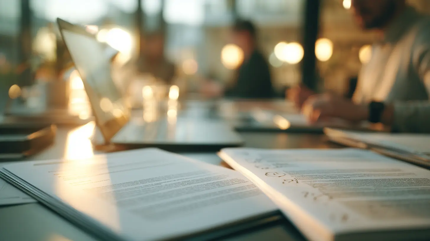 Two copies side by side of the same brief document laying flat naturally on a desk in a modern urban office setting. One shows the polished cover page, the other shows the margins full of agency annotations and question marks.