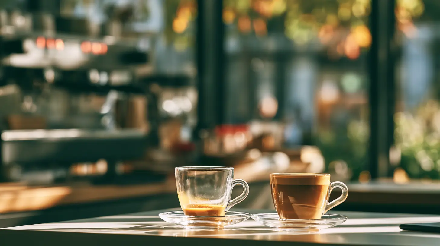 Two glass coffee cups sitting on a table in an urban modern cafe. One has remnants of a drink in it, the other is full.