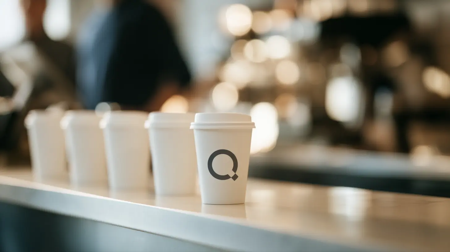 A row of blank white to-go coffee cups on a café counter with one cup in front showing the Qontour Q logo.