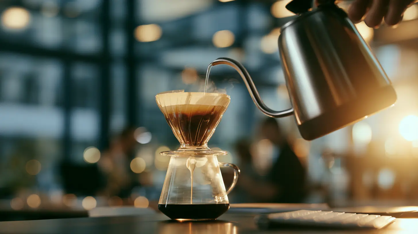 A gooseneck kettle pouring hot water into a pour-over coffee dripper on a desk in a modern office.
