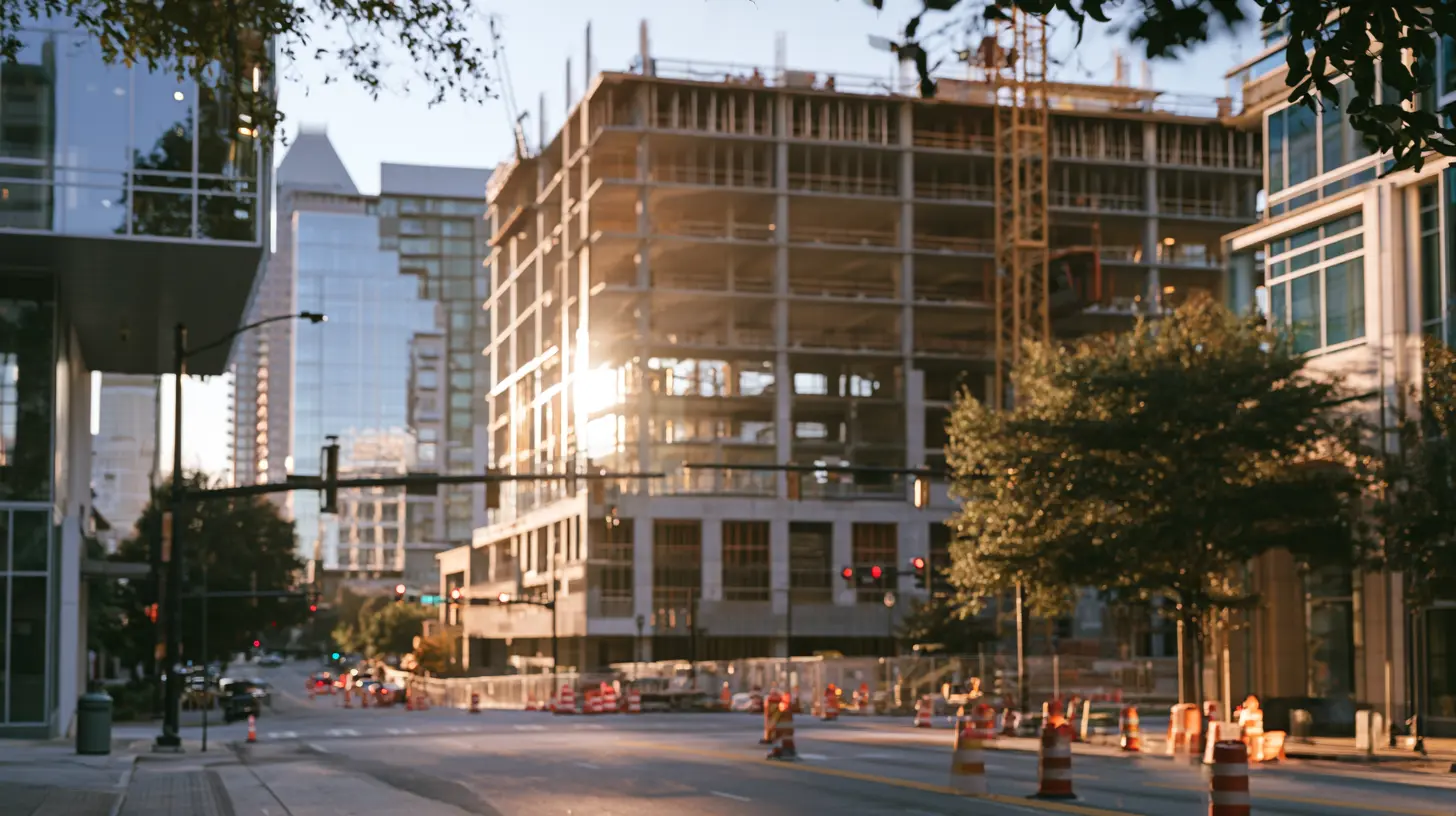 A steel-frame building under construction at sunrise, surrounded by finished towers and open city streets.