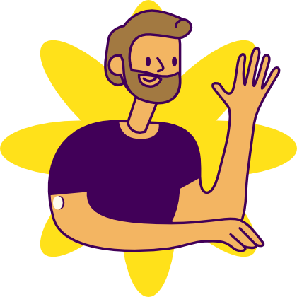 Cartoon version of Wyatt waving with yellow blob background