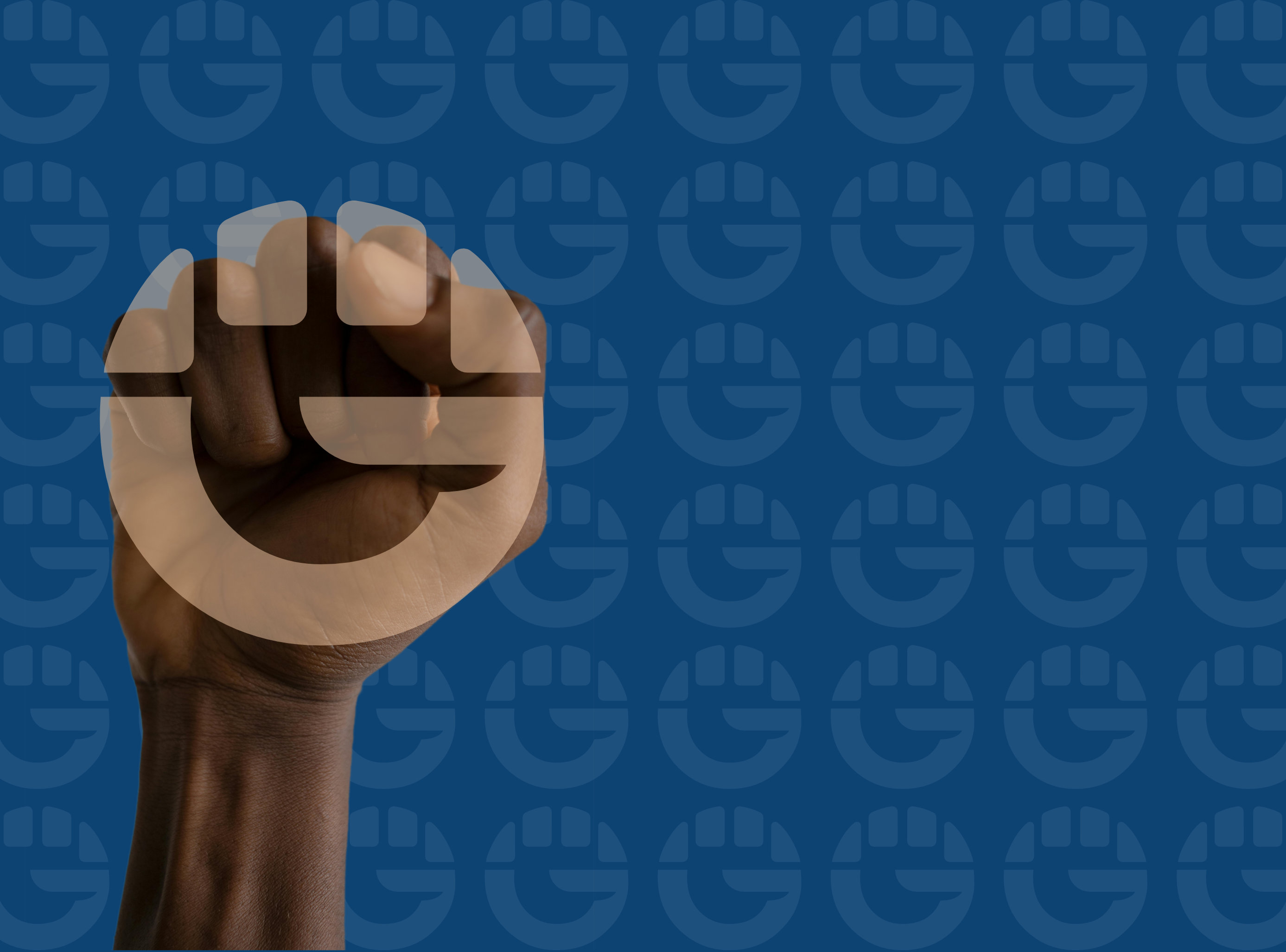 The GAMESQ "G" mark overlaid on a raised fist on a blue background, with the "G" mark repeated faintly in the background