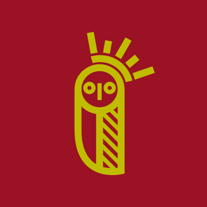 Minimalist logo design of owl wearing crown. Yellow on dark red.