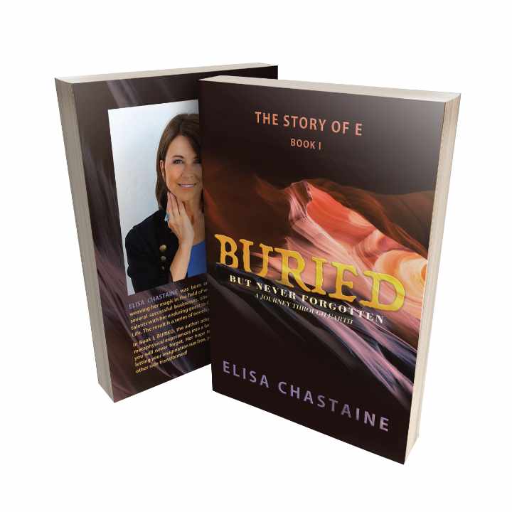 Book cover mockup of front and back of book standing beside each other. Title "Buried" is inside smooth rock formation, slightly hidden by some rocks. Author Elisa Chastaine portrait on back.