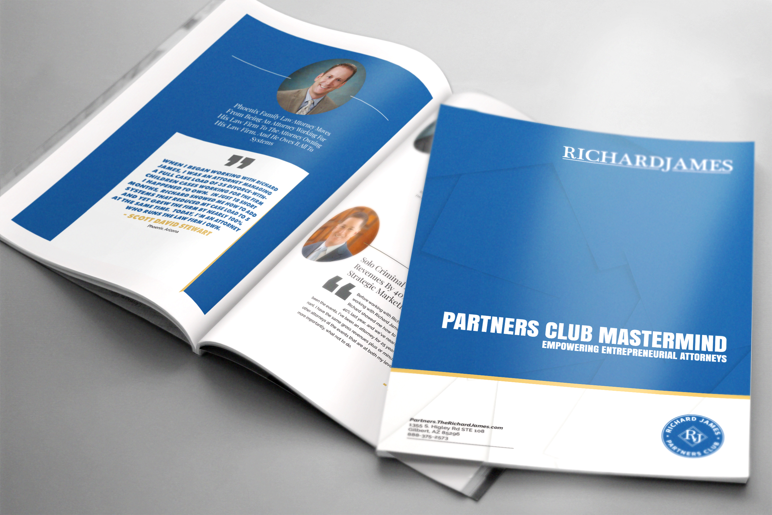 Mockup of Richard James Partners Club booklet design. Blue backgrounds with white blocks and portrait photos.