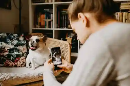 A woman taking an image of a dog.