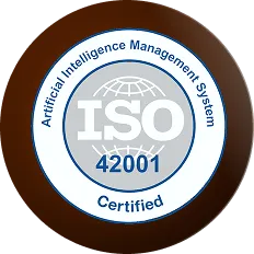 ISO 42001 certified badge for Artificial Intelligence Management System with a globe icon.