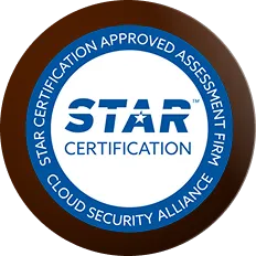 Star Certification logo with text 'Star Certification Approved Assessment Firm Cloud Security Alliance' in a circular blue and brown badge.