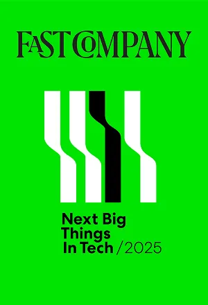 Fast Company logo above graphic bars with text 'Next Big Things In Tech / 2025' on bright green background.