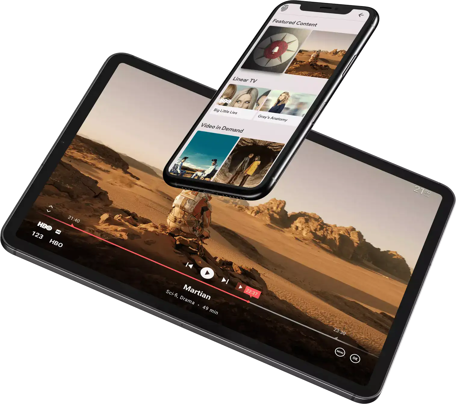 Imagen que muestra una tableta con un canal de TV y un teléfono móvil con una búsqueda de canales de TV.