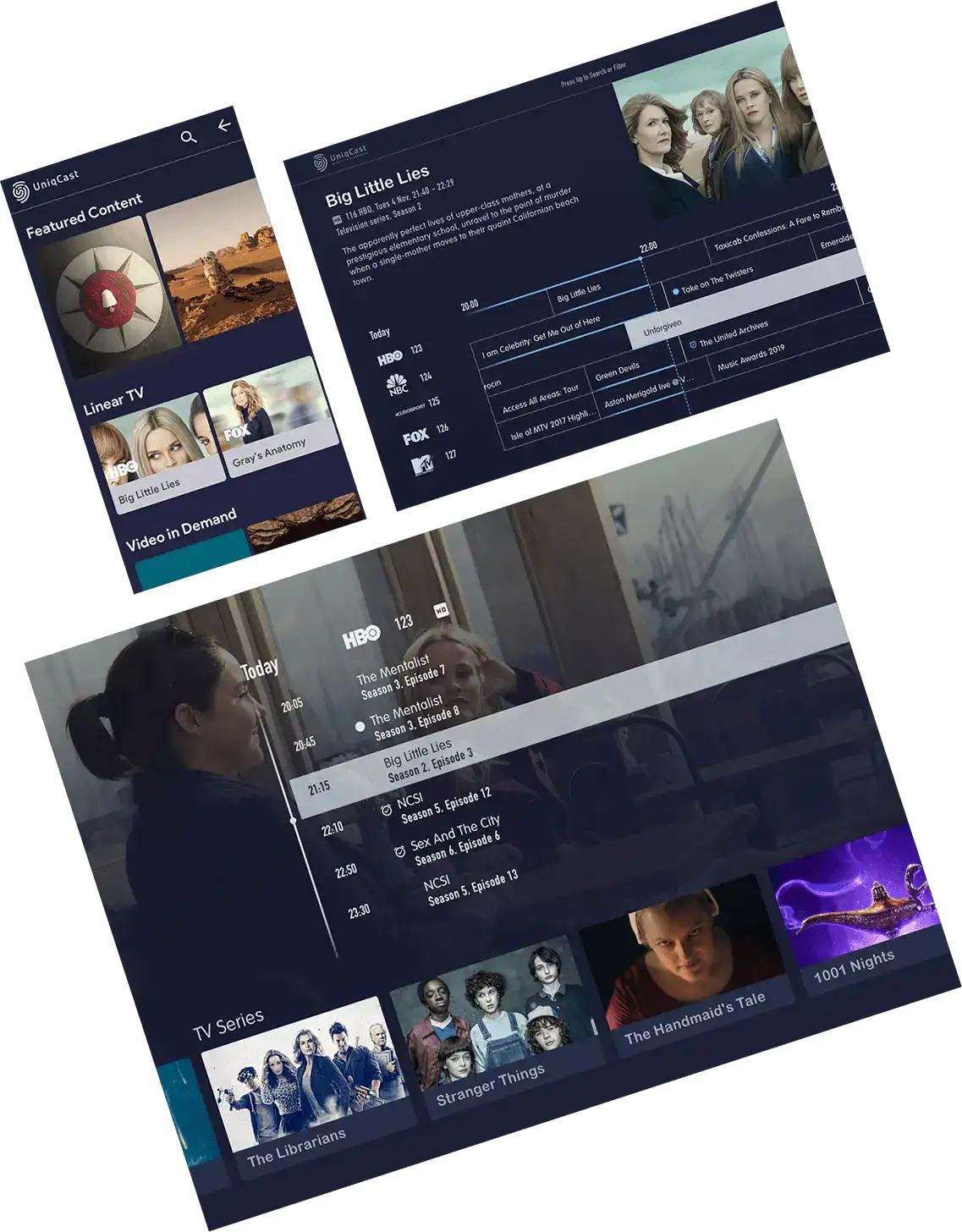 Imagen que muestra tres pantallas de diferentes tamaños que muestran la búsqueda de películas.