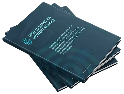 Imagen que muestra 3 libros apilados titulados Cómo iniciar un servicio de IPTV/OTT