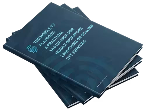 Image showing 3 stacked books titled The Mobile TV Playbook: A Practical Whitepaper for Mobile Operators Launching or Scaling OTT Services
