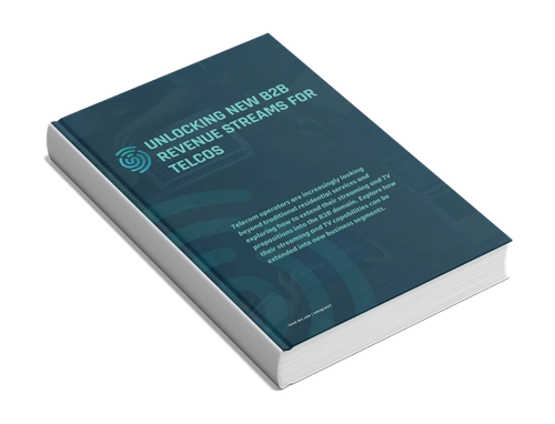 Dark blue book cover titled "Unlocking New B2B Revenue Streams for Telcos" angled on a black background.