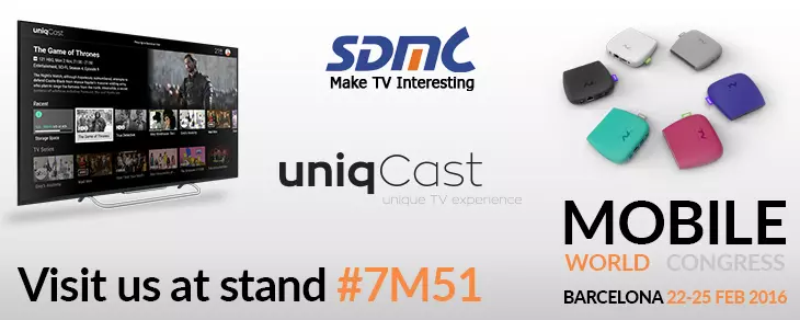Un fondo blanco con los logotipos de UniqCast, SDNC y Make TV Interesting.