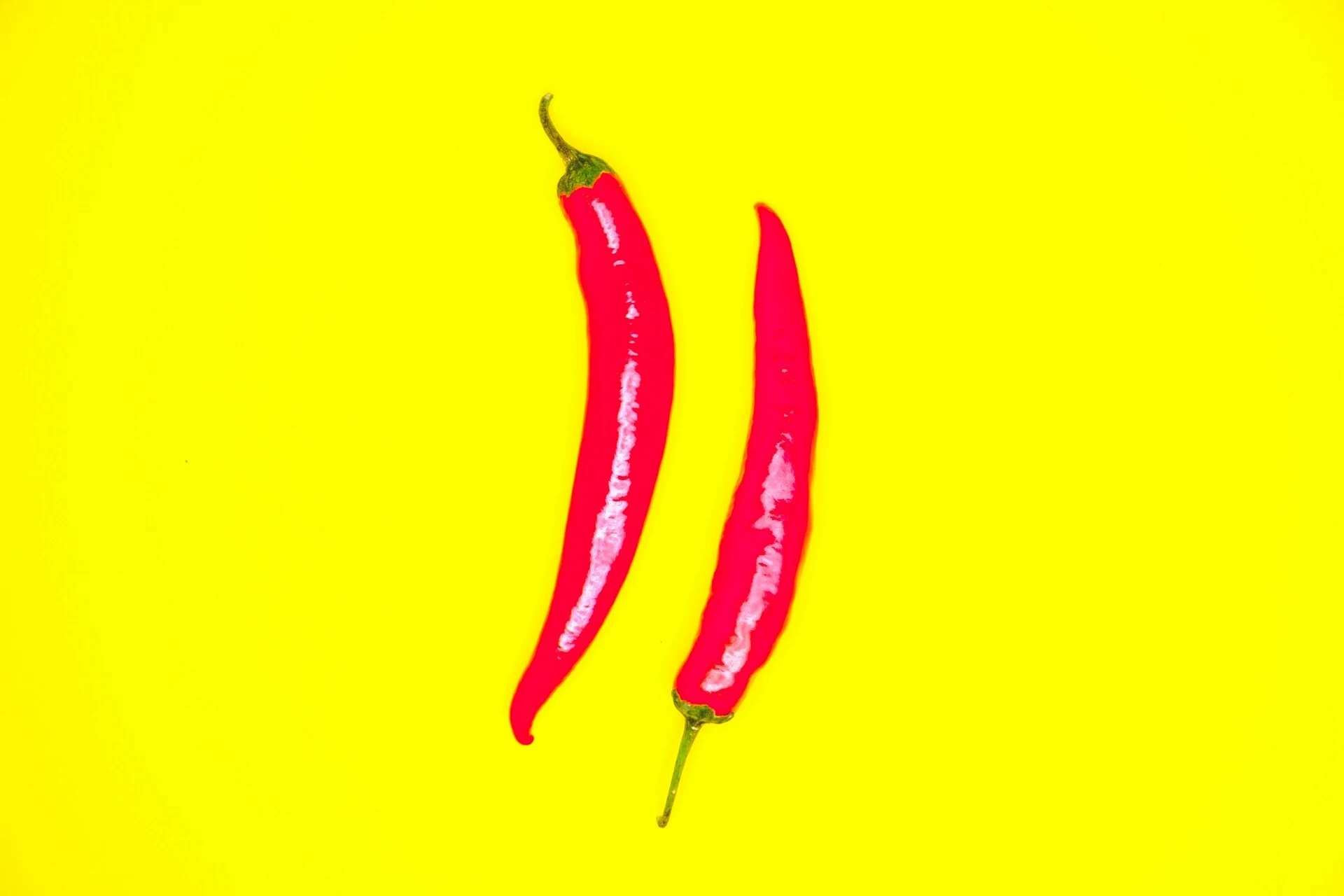 Two red chili peppers on a bright yellow background.