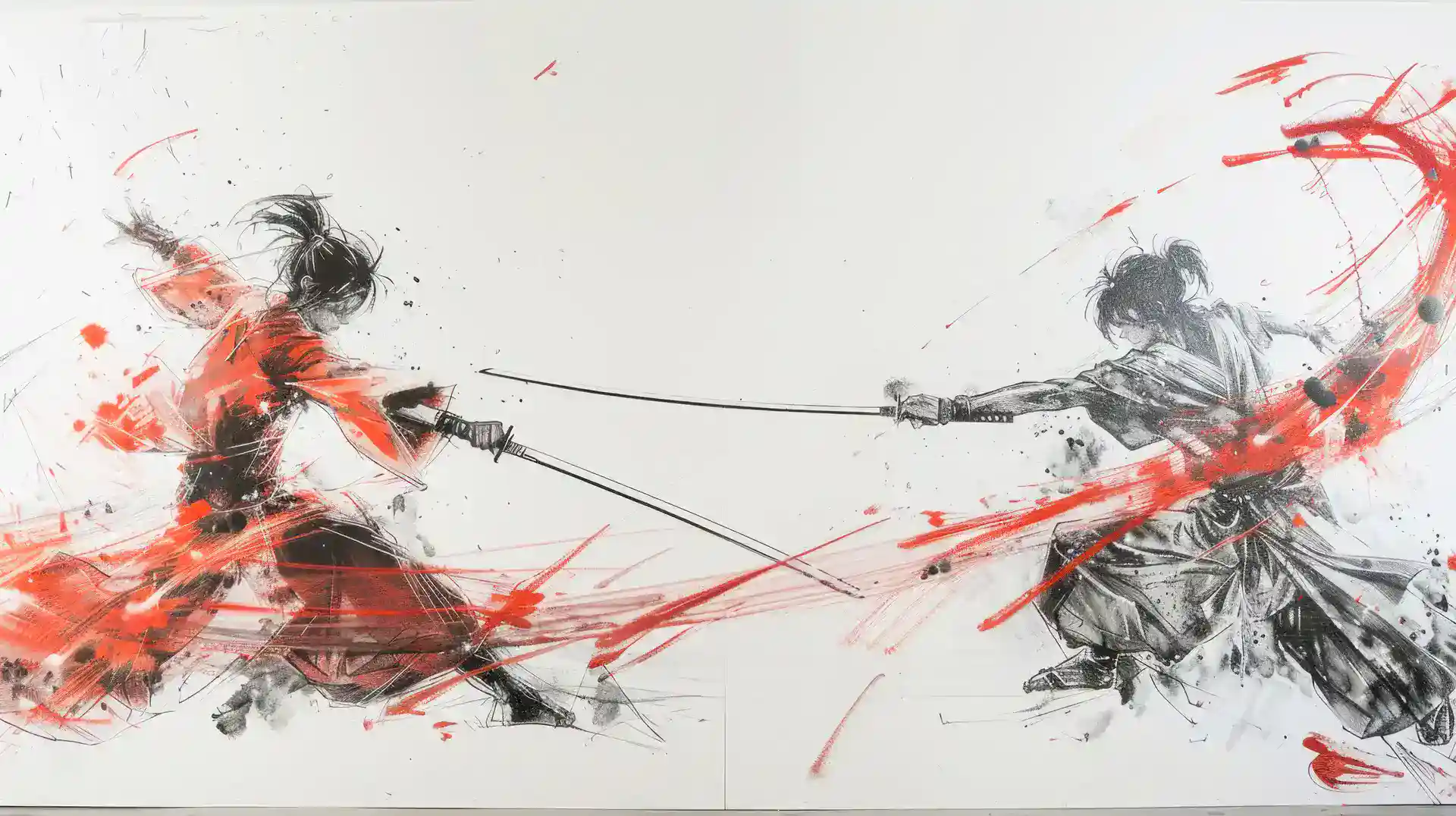 Two swordsmen in motion, depicted with dynamic brushstrokes and splashes of red paint, suggesting intense combat.