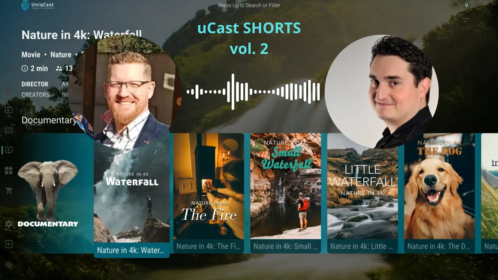 La imagen incluye los retratos de Ivan Biljan y Domagoj Bartolic, miembros del equipo de UniqCast, en la interfaz de usuario de la plataforma UniqCast.