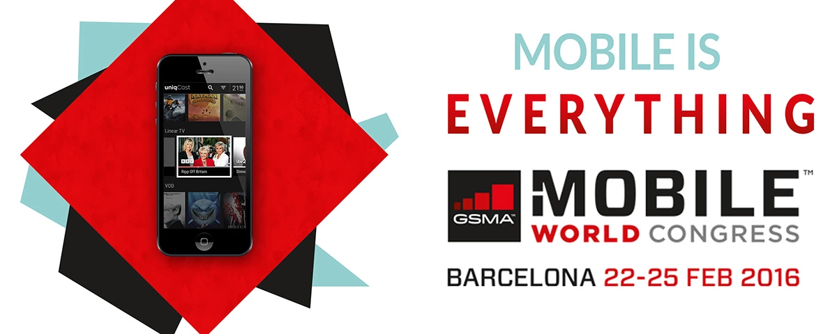 Un póster rojo y azul con un teléfono móvil.