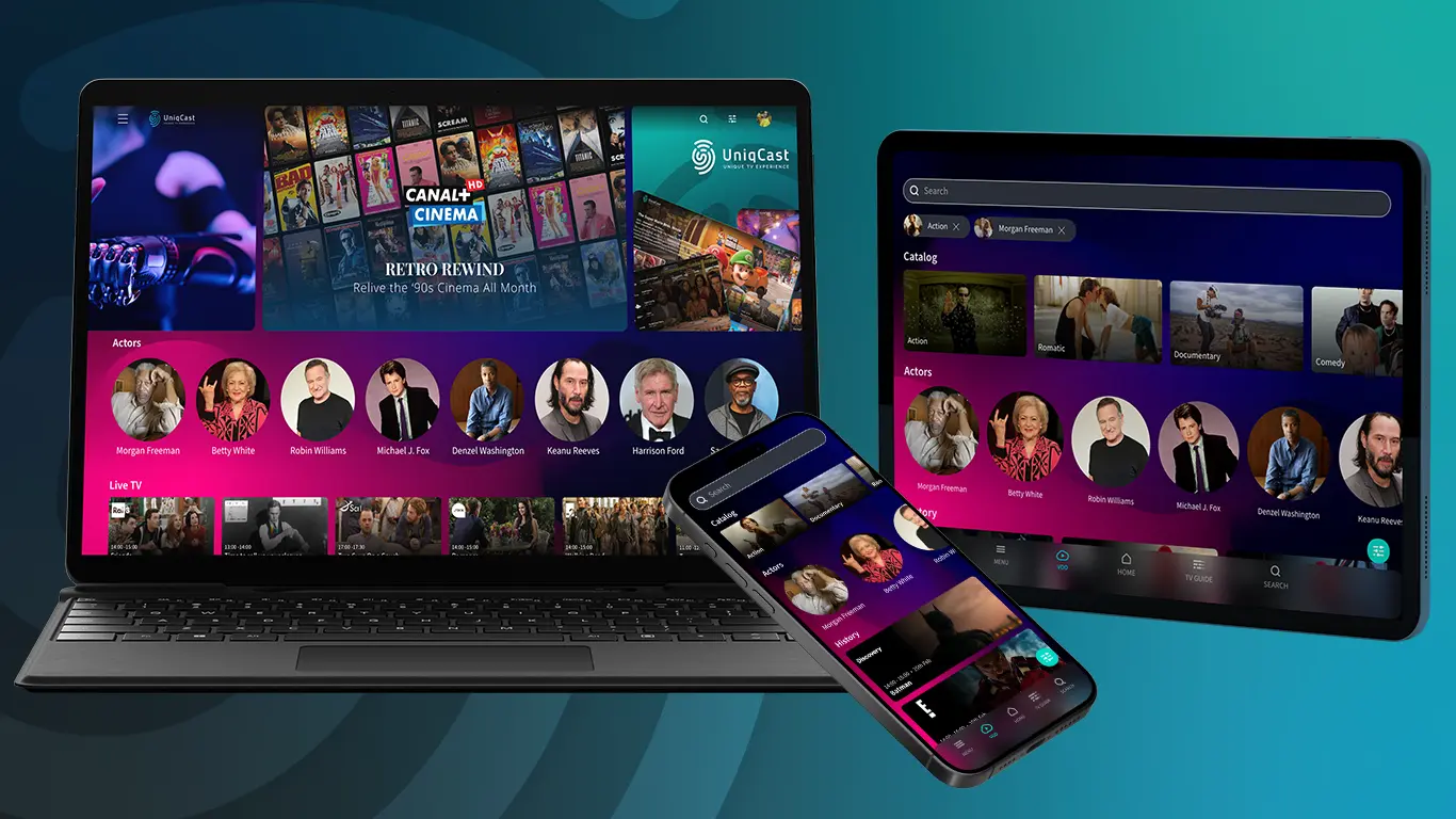 The UniqCast UC21 dashboard for tablets and mobile devices is depicted in the image.