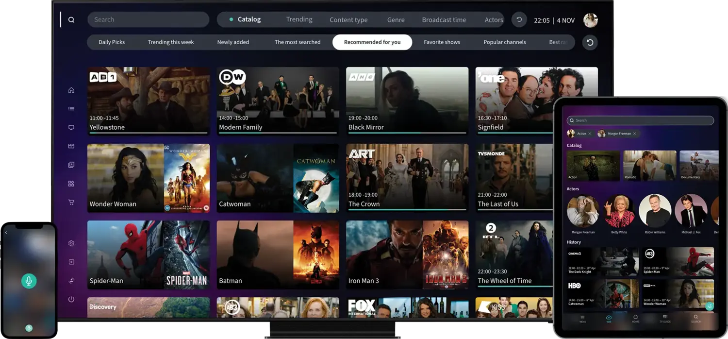 The UC21 UI showcases the search functionality on mobile, desktop, and TV screens.