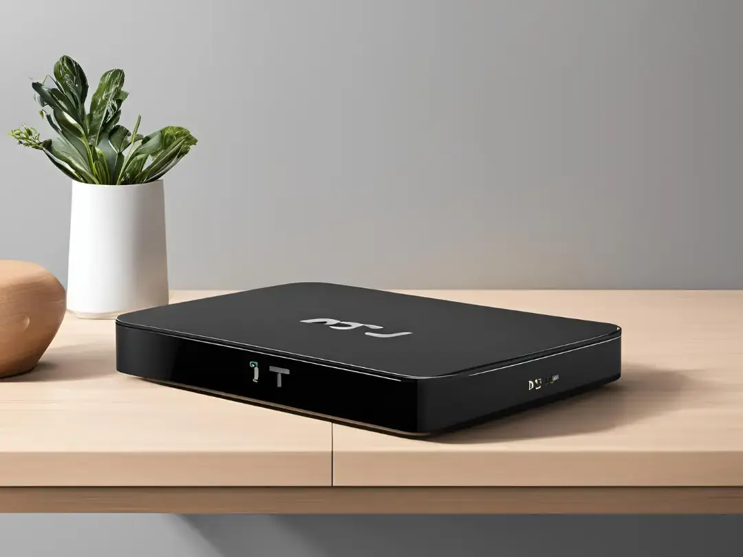 A DVB set-top box is nicely positioned on a table, with a plant vase in the background.