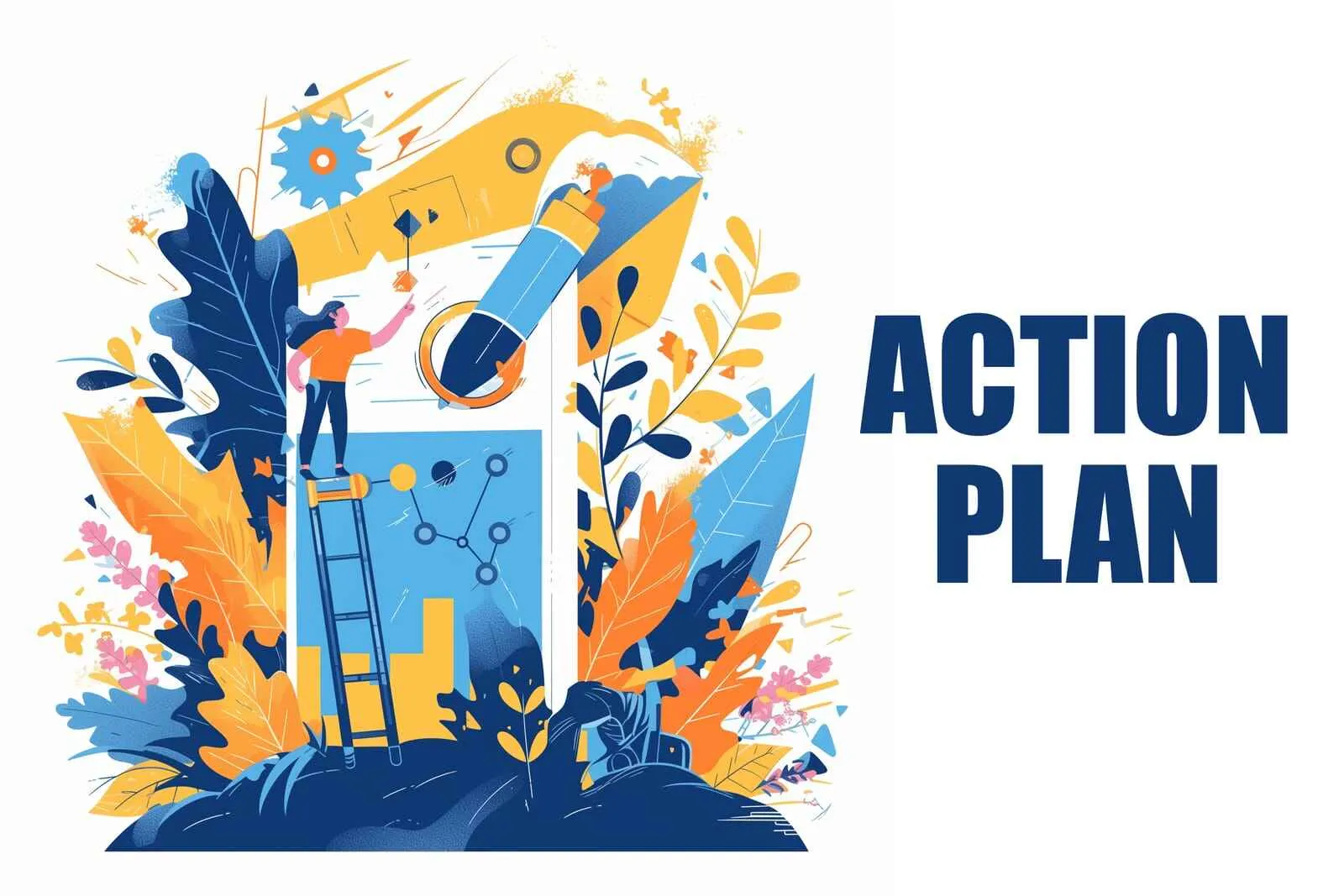 Ilustración de una persona en una escalera trabajando en un gráfico con engranajes y un brazo robótico, rodeada de hojas de colores.