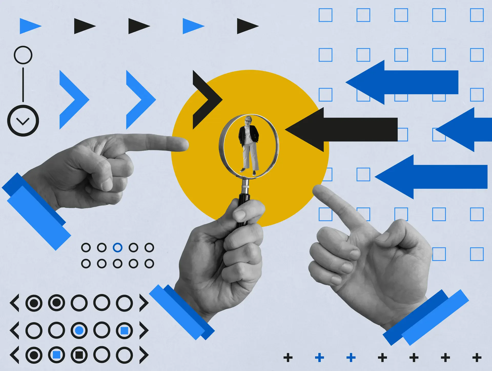 Collage con flechas, formas geométricas y manos que sostienen una lupa enfocando una pequeña figura de un cliente.