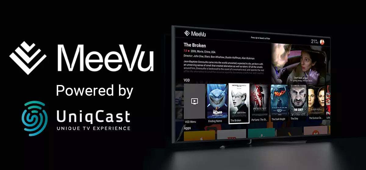 Imagen de la marca MeeVu, con «powered by Unicast», que invita a los operadores de Europa del Este a unirse a su PaaS OTT B2B.