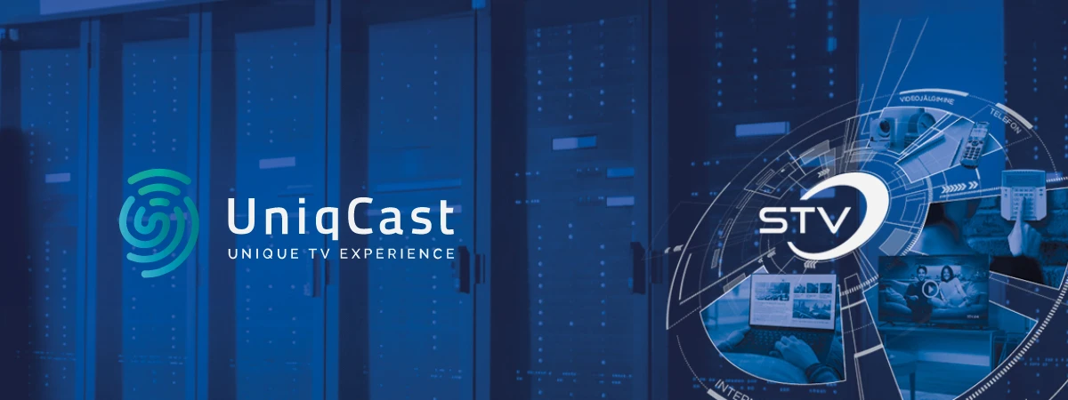 Un fondo azul con un rack de servidores y un logotipo para una experiencia de transmisión en la nube.