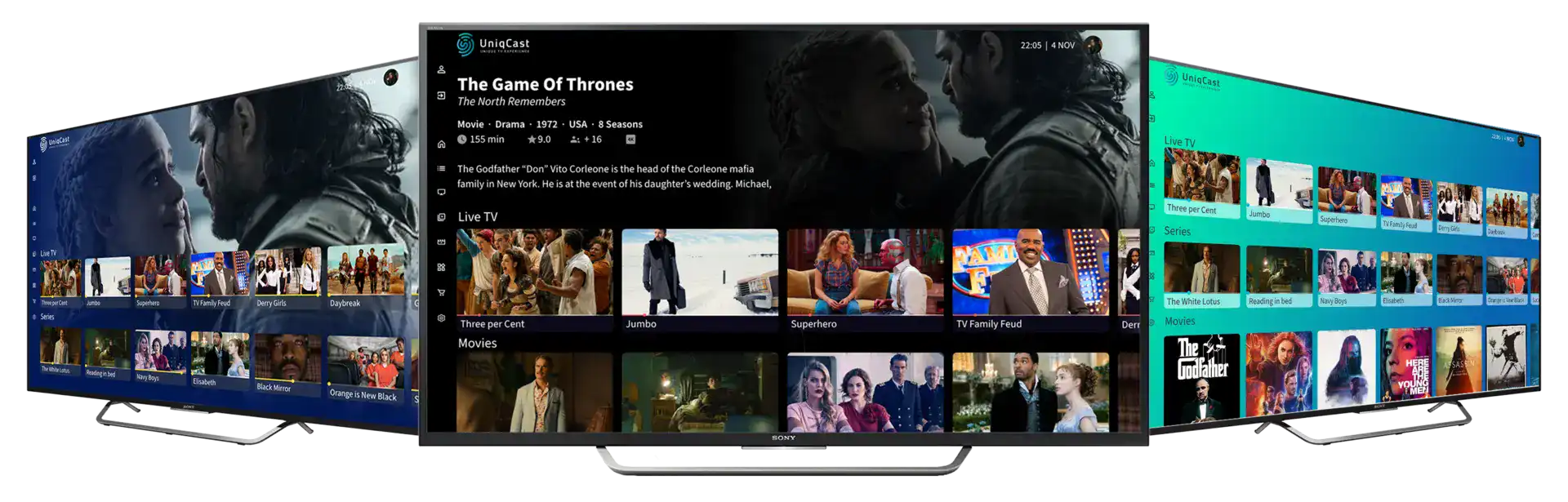 Tres televisores en fila que muestran diferentes pantallas de la interfaz de usuario de una plataforma de streaming de películas.