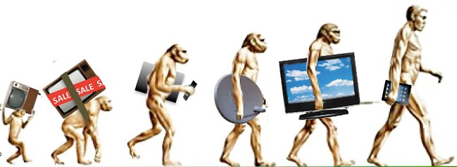 Picture showing evolution of mane from apes where each ape carries version of a tv set