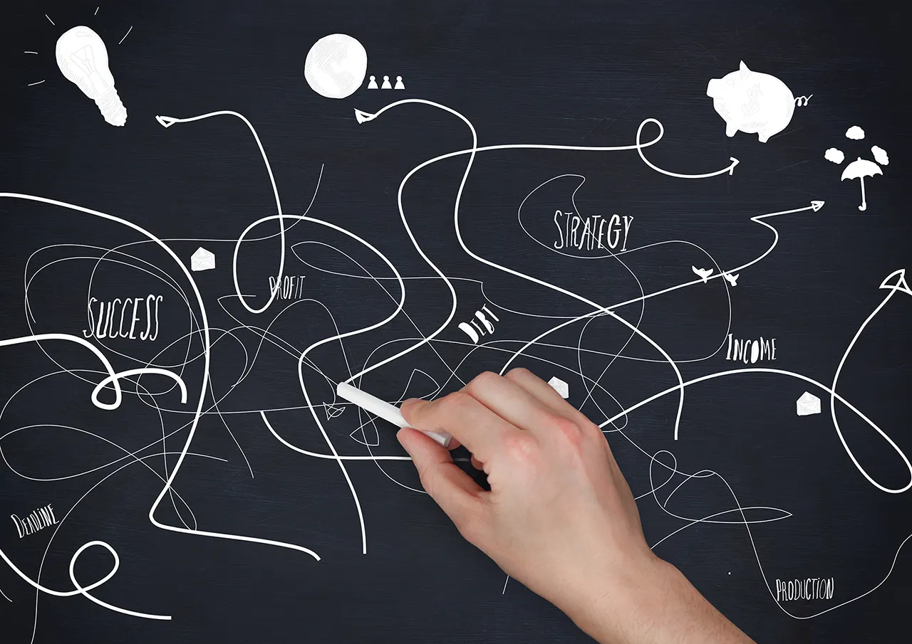 Un dibujo a mano en una pizarra con diagramas de negocio.