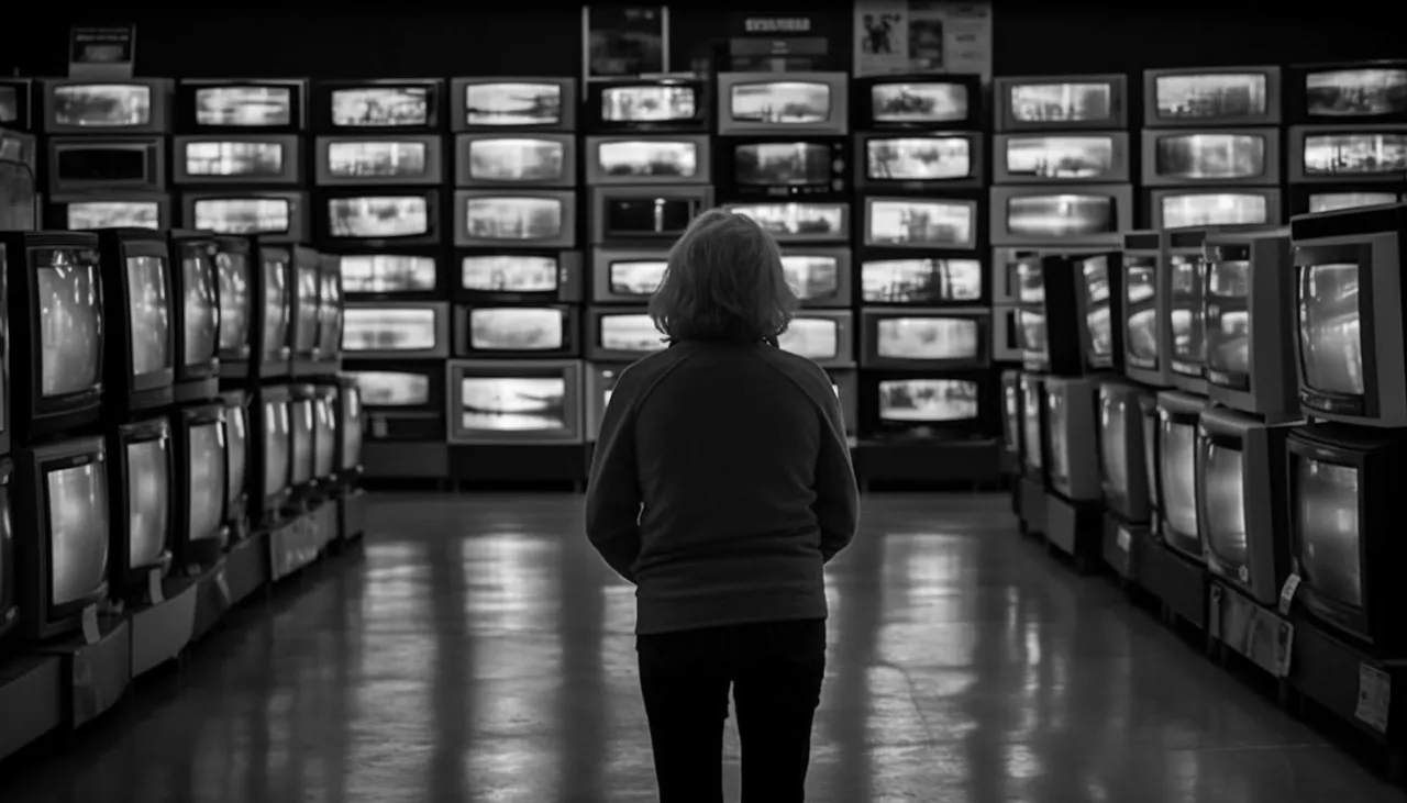 A woman is standing in a room full of televisions.