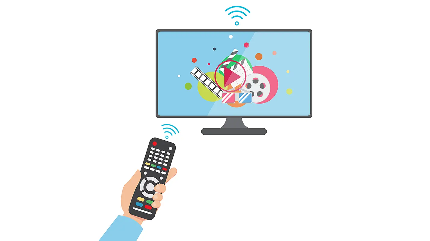 Logotipo colorido para televisión digital en streaming o canal infantil que representa las oportunidades de negocio de IPTV, y una mano con un mando a distancia.