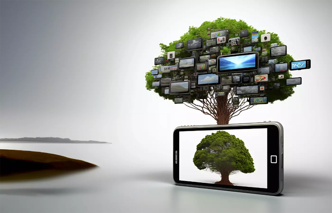 Imagen abstracta de un árbol que crece diferentes pantallas como televisores, teléfonos inteligentes, tabletas con gran teléfono inteligente como una base que está mostrando un árbol